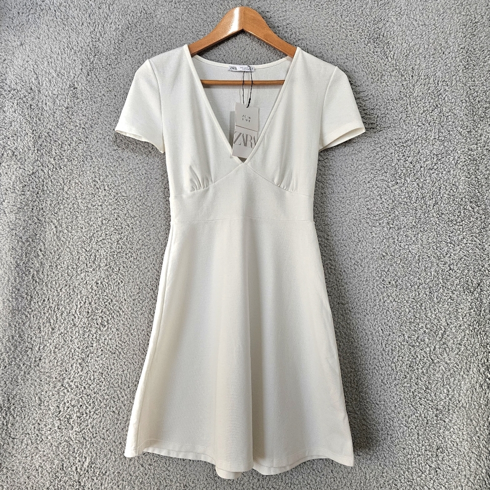 Zara White Mini Dress Small Short Sleeves V-Neck A-Line Graduation Bachelorette - Picture 2 of 10